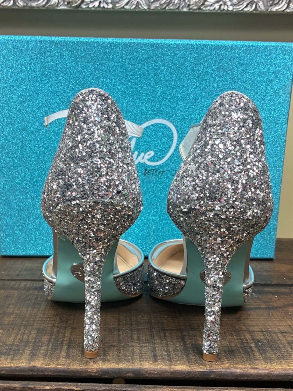 Betsey Johnson SB-Stela Silver Glitter Heels Size 7 Ankle Tie Mesh Pumps - Picture 2 of 7
